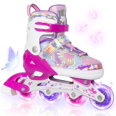 MammyGol Adjustable Inline Skates for Girls Boys Ages 4-12 with Light up Wheels & Butterfly Design Vibrant Flashing Roller Skates, Perfect Beginner Skates for Kids Youth
