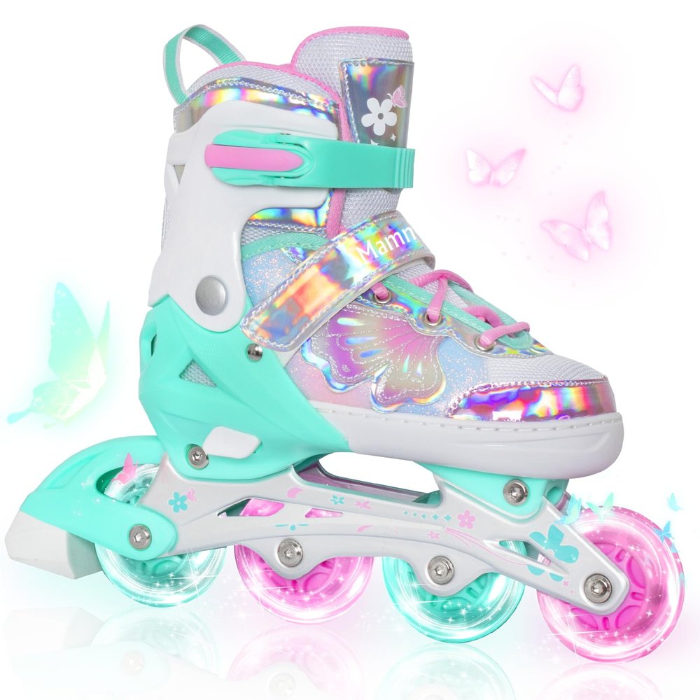 MammyGol Adjustable Inline Skates for Girls Boys Ages 4-12 with Light up Wheels & Butterfly Design Vibrant Flashing Roller Skates, Perfect Beginner Skates for Kids Youth
