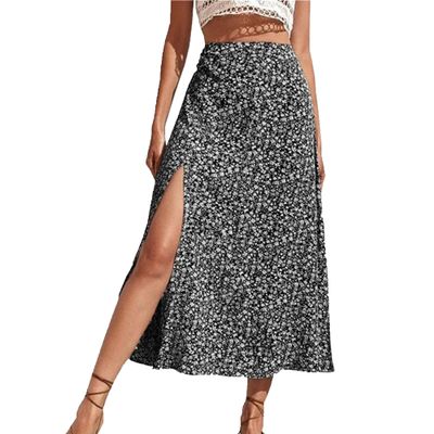 Generic Women's Boho Split Floral Skirt Thigh High Waist Swing A Line Midi Skirt Elastic Waisted Ruffle Bodycon Skater Skirts (X-Large,Black)