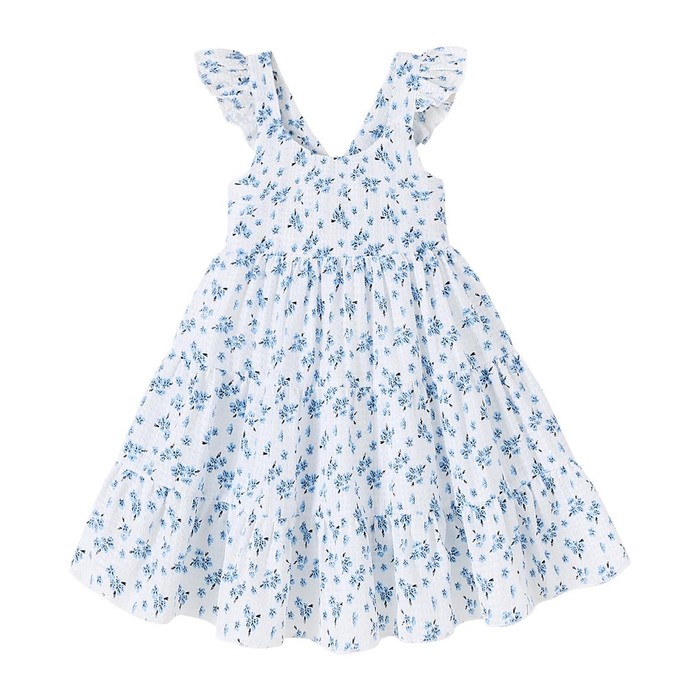 YOUNGER TREE Toddler Baby Girl Dress Summer Outfits Flutter Sleeve Smocked Dress Kids Causal Boho Dresses Clothes (3-4T, Elegant Blue Dress)