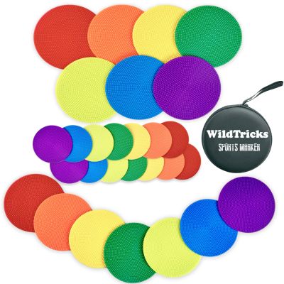 WildTracks 28 Pcs Football Spot Markers, Non-Slip Agility Flat Poly Spots, 4 inchesFloor Dots for Gym,PE Equipment,Rubber Circles Multiple Color Sports Markers(with Storage Package)