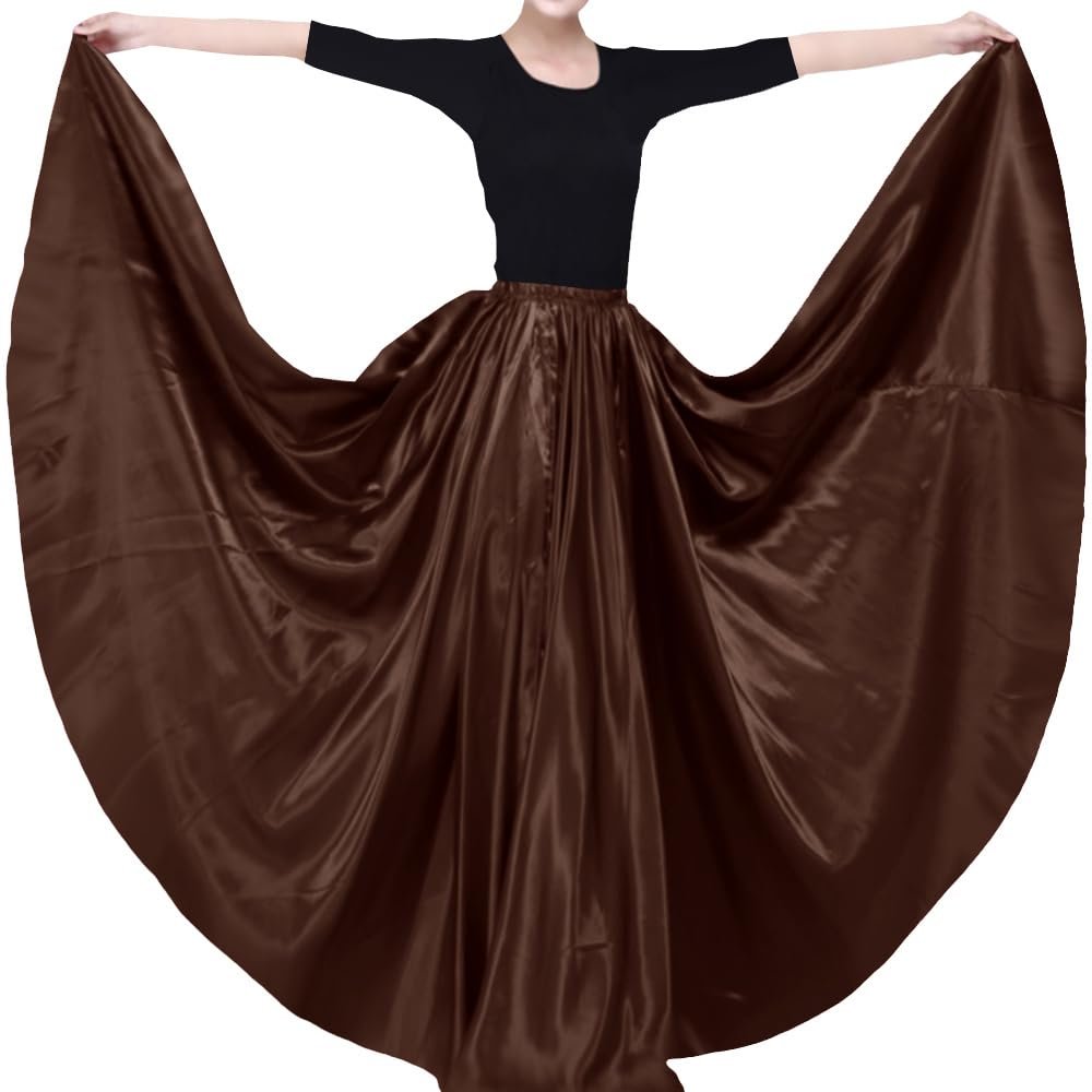 Backgarden Ladies 20 Yard Elegant Satin Long Full Skirt for Ballroom Belly Dance Performance Costume Dress Coffee Brown