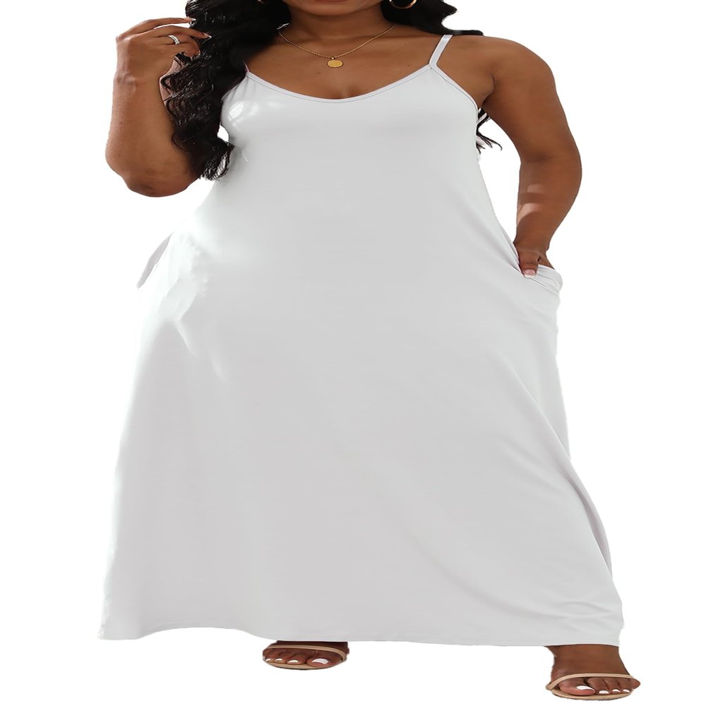 Mistysuyi Womens Casual Sleeveless Sundress Plus Size Loose Plain Long Summer Beach Maxi Dress with Pockets(White XL)
