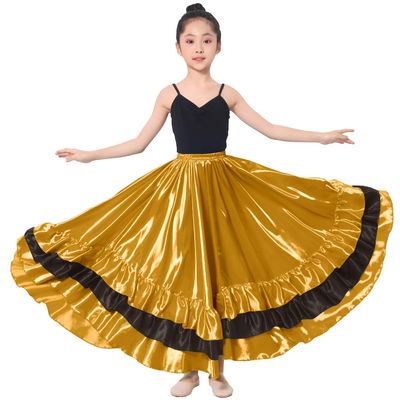 30" Girls Gold Black Ruffles Layers Satin Long Dance Skirt Dance Wear