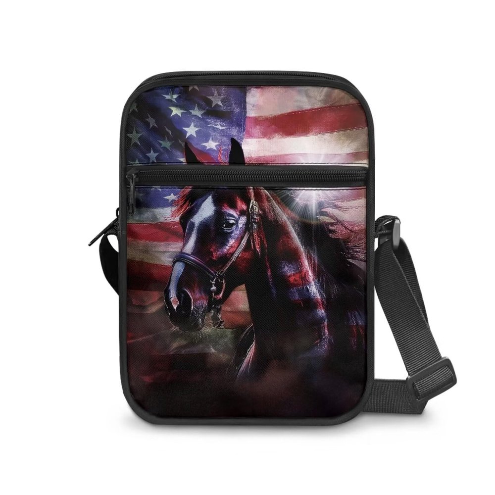YECARYPOD American Flag Horse Small Messenger Bag for Women Canvas Cell Phone Purse Wallet Cute Cross Body Phone Purse with Adjustable Shoulder Strap