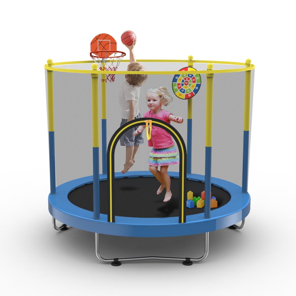 Sedeke 72" Trampoline for Kids with Net, 6 FT Indoor & Outdoor Small Toddler Trampoline with Basketball Hoop & Dart Board for Ages 1-8, Birthday Gifts for Boys & Girls, Baby Toddler Christmas Toys