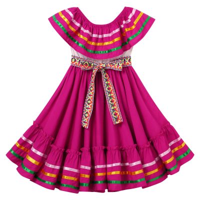 ABEHIK Mexican Dress for Girls Embroidered Traditional Folklorico Drape Dress with Belt Hot Pink Summer Off Shoulder Vestidos Rainbow Ruffle Cinco de Mayo Fiesta Birthday Party Dresses Hot Pink 5-6 Y