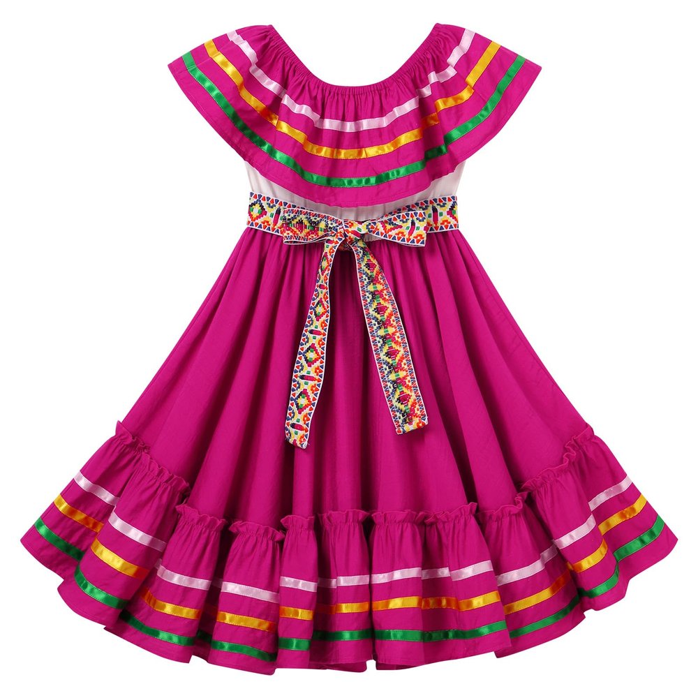 ABEHIK Mexican Dress for Girls Embroidered Traditional Folklorico Drape Dress with Belt Hot Pink Summer Off Shoulder Vestidos Rainbow Ruffle Cinco de Mayo Fiesta Birthday Party Dresses Hot Pink 5-6 Y