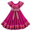 ABEHIK Mexican Dress for Girls Embroidered Traditional Folklorico Drape Dress with Belt Hot Pink Summer Off Shoulder Vestidos Rainbow Ruffle Cinco de Mayo Fiesta Birthday Party Dresses Hot Pink 5-6 Y view 1