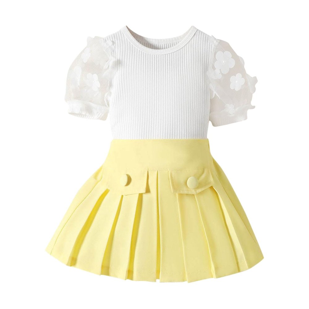 Girls' Summer Clothes Baby New Set Lace Short Sleeve Knit Tops Suger Color Pleated Skirt with Botton Outfit 2Pcs Yellow