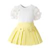 Girls' Summer Clothes Baby New Set Lace Short Sleeve Knit Tops Suger Color Pleated Skirt with Botton Outfit 2Pcs Yellow view 1