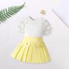 Girls' Summer Clothes Baby New Set Lace Short Sleeve Knit Tops Suger Color Pleated Skirt with Botton Outfit 2Pcs Yellow view 3
