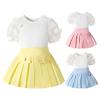 Girls' Summer Clothes Baby New Set Lace Short Sleeve Knit Tops Suger Color Pleated Skirt with Botton Outfit 2Pcs Yellow view 4