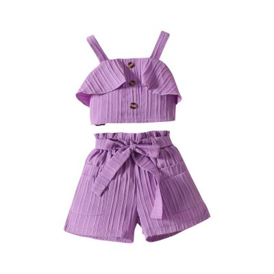 AMIMOJY Toddler Baby Girl Clothes Summer Solid Suit Ruffle Halter Tank Tops Frilly Shorts with Pocket Cute Outfit Set 2Pcs, 5-6 Years, Purple