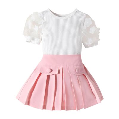 AMIMOJY Girls' Summer Clothes Baby New Set Lace Short Sleeve Knit Tops Suger Color Pleated Skirt with Botton Outfit 2Pcs, 18-24 Months, Pink