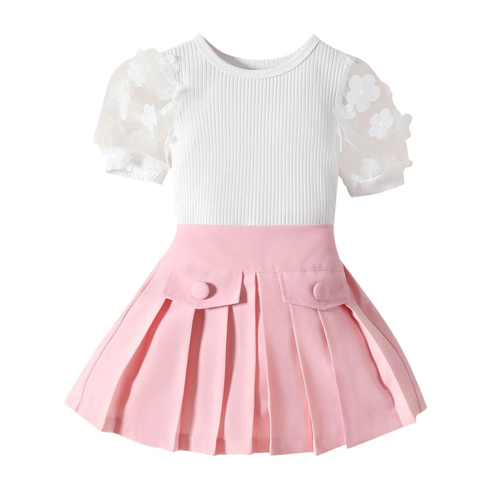 AMIMOJY Girls' Summer Clothes Baby New Set Lace Short Sleeve Knit Tops Suger Color Pleated Skirt with Botton Outfit 2Pcs, 18-24 Months, Pink