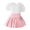 AMIMOJY Girls' Summer Clothes Baby New Set Lace Short Sleeve Knit Tops Suger Color Pleated Skirt with Botton Outfit 2Pcs, 18-24 Months, Pink view 1
