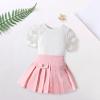 AMIMOJY Girls' Summer Clothes Baby New Set Lace Short Sleeve Knit Tops Suger Color Pleated Skirt with Botton Outfit 2Pcs, 18-24 Months, Pink view 2