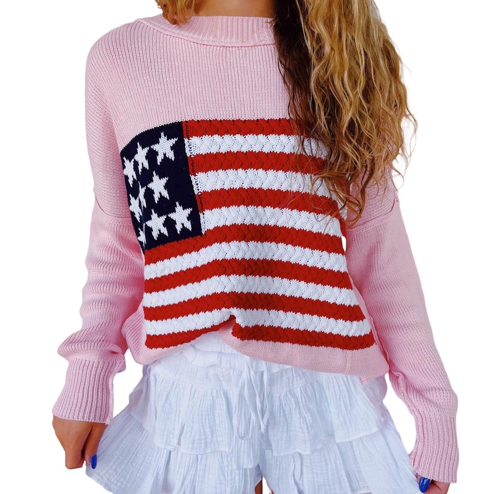 Women's American Flag Graphic Sweater Vintage Loose Hollow Out 4th of July Jumper Summer USA Flag Pullover Top(DD4-Pink,Small)