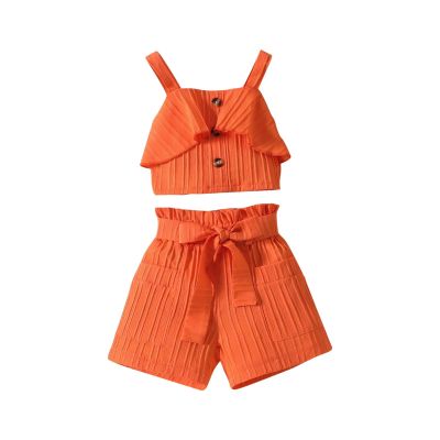 AMIMOJY Toddler Baby Girl Clothes Summer Solid Suit Ruffle Halter Tank Tops Frilly Shorts with Pocket Cute Outfit Set 2Pcs, 12-18 Months, Orange