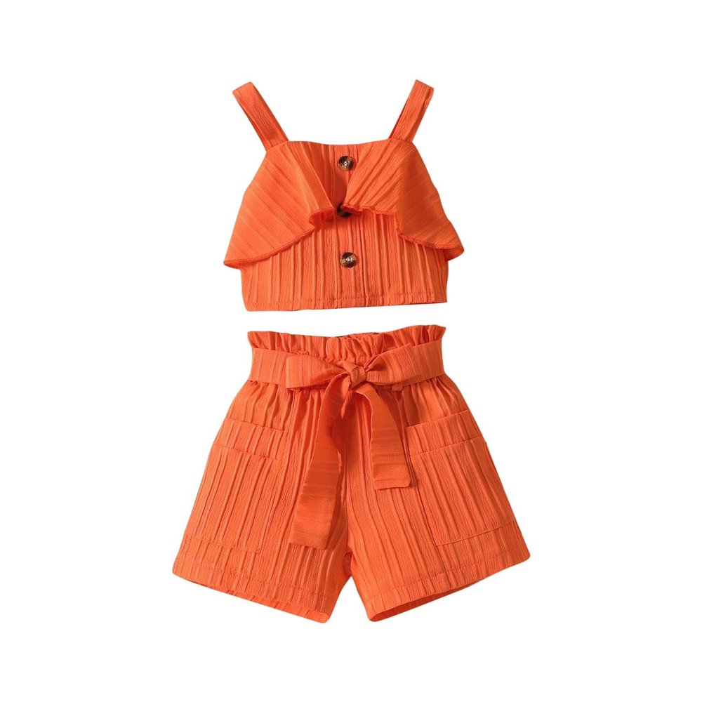 AMIMOJY Toddler Baby Girl Clothes Summer Solid Suit Ruffle Halter Tank Tops Frilly Shorts with Pocket Cute Outfit Set 2Pcs, 12-18 Months, Orange