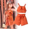 AMIMOJY Toddler Baby Girl Clothes Summer Solid Suit Ruffle Halter Tank Tops Frilly Shorts with Pocket Cute Outfit Set 2Pcs, 12-18 Months, Orange view 2