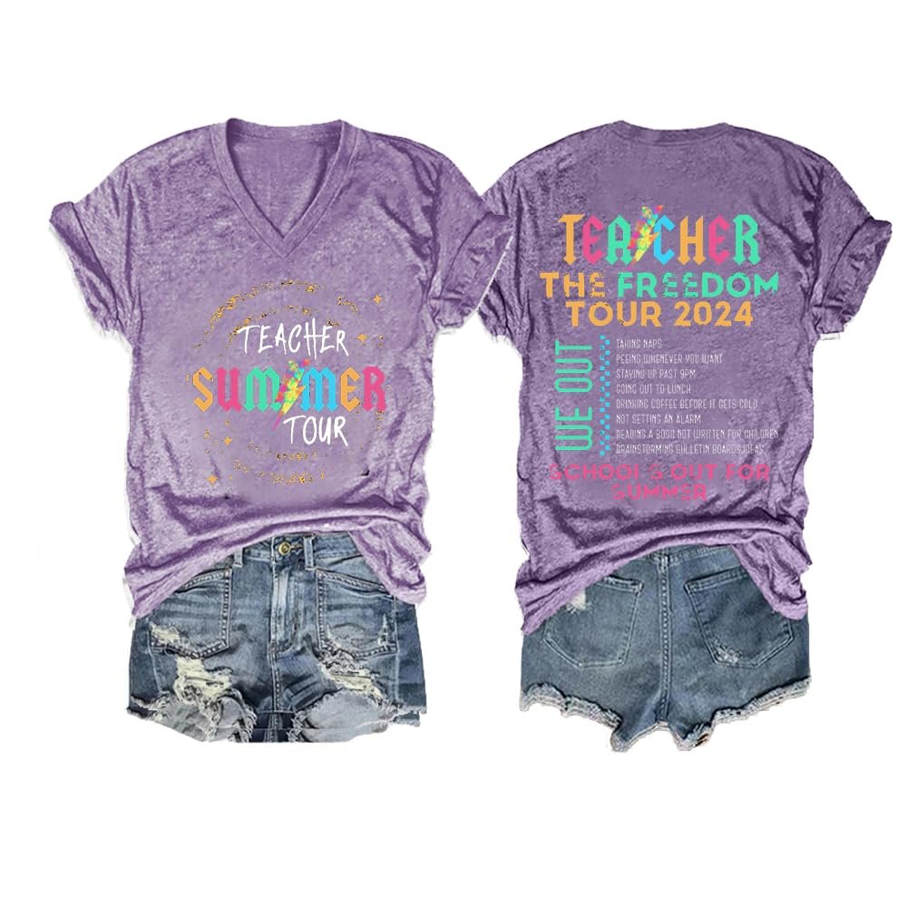 MOGUI Teacher The Freedom Tour 2024 Shirt Teacher The Freedom Tour Shirt Teacher Shirts Plus Size Vneck Fun Loose T-Shirt Short Sleeve Cute Shirts Purple, 5X-Large