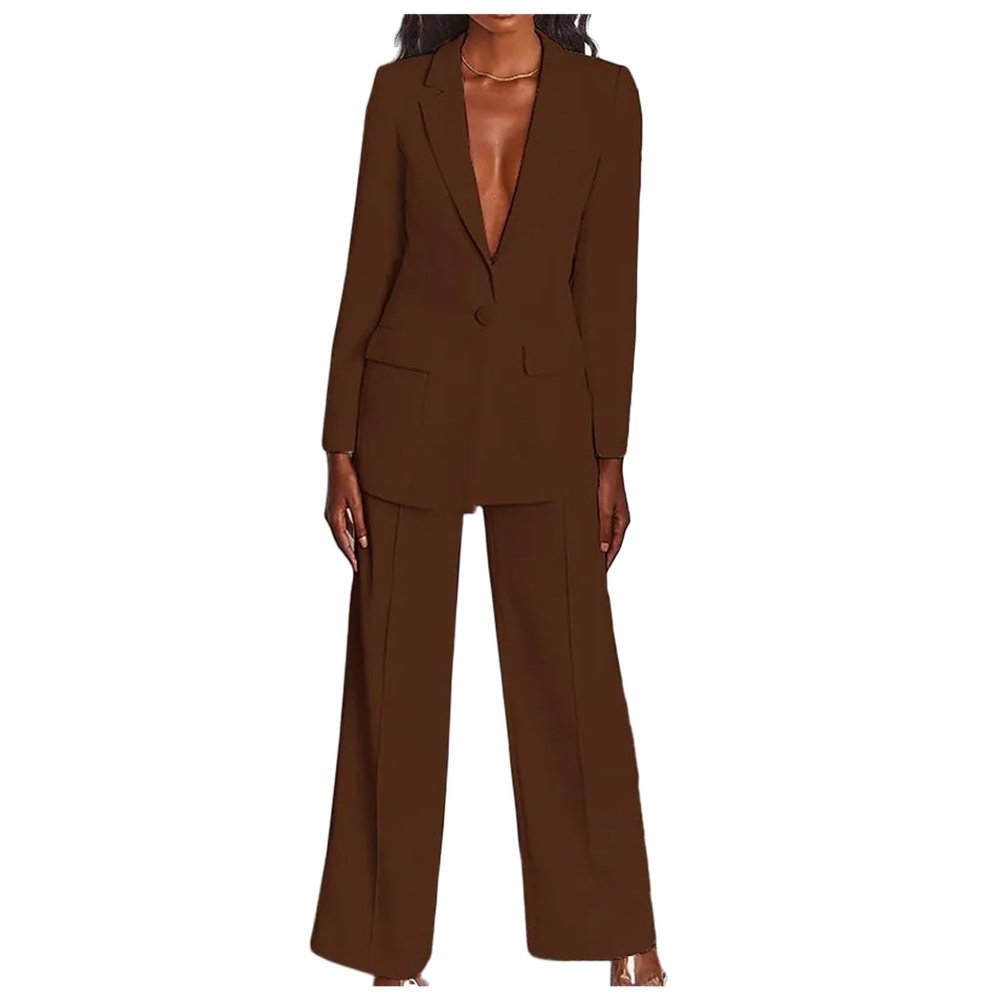 KAJXZ 2 Piece Outfits for Women,Women's Sexy Deep V Neck Business Casual Office Suits Wide Leg Pants Suits Jacket Coffee
