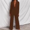 KAJXZ 2 Piece Outfits for Women,Women's Sexy Deep V Neck Business Casual Office Suits Wide Leg Pants Suits Jacket Coffee view 3