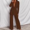 KAJXZ 2 Piece Outfits for Women,Women's Sexy Deep V Neck Business Casual Office Suits Wide Leg Pants Suits Jacket Coffee view 4