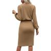 Women Casual Sweater Dress Puff Long Sleeve Crewneck Solid Midi Dress Ribbed Knit Ruched Slim Slit Bodycon Dress (Small,Khaki) view 3