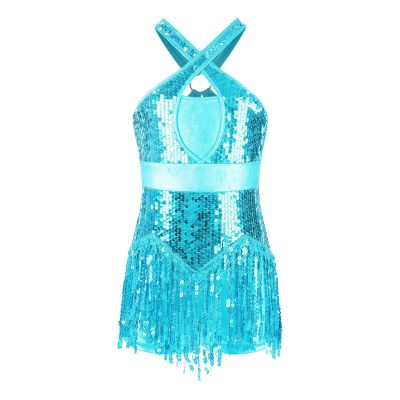 Linjinx Kids Girls Latin Hip Hop Jazz Dance Performance Dress Sparkly Tassel Leotard Bodysuit Fringed Skirts Dancewear Sky Blue 14 Years