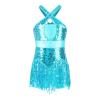 Linjinx Kids Girls Latin Hip Hop Jazz Dance Performance Dress Sparkly Tassel Leotard Bodysuit Fringed Skirts Dancewear Sky Blue 14 Years view 1