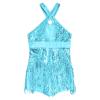 Linjinx Kids Girls Latin Hip Hop Jazz Dance Performance Dress Sparkly Tassel Leotard Bodysuit Fringed Skirts Dancewear Sky Blue 14 Years view 3