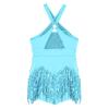 Linjinx Kids Girls Latin Hip Hop Jazz Dance Performance Dress Sparkly Tassel Leotard Bodysuit Fringed Skirts Dancewear Sky Blue 14 Years view 4