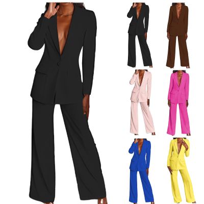 KAJXZ 2 Piece Outfits for Women,Women's Sexy Deep V Neck Business Casual Office Suits Wide Leg Pants Suits Jacket Black
