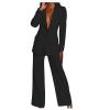 KAJXZ 2 Piece Outfits for Women,Women's Sexy Deep V Neck Business Casual Office Suits Wide Leg Pants Suits Jacket Black view 2