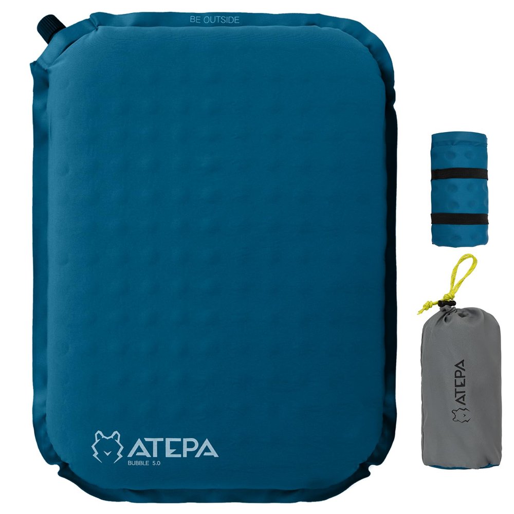ATEPA Inflatable Seat Cushion, Self-Inflating Portable Stadium Airplane Travel Foam Cushion Pad for Camping, Sports Events, Outdoor, Blue