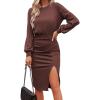 Women Casual Sweater Dress Puff Long Sleeve Crewneck Solid Midi Dress Ribbed Knit Ruched Slim Slit Bodycon Dress (XX-Large,Brown) view 1