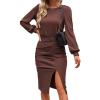 Women Casual Sweater Dress Puff Long Sleeve Crewneck Solid Midi Dress Ribbed Knit Ruched Slim Slit Bodycon Dress (XX-Large,Brown) view 2