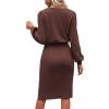 Women Casual Sweater Dress Puff Long Sleeve Crewneck Solid Midi Dress Ribbed Knit Ruched Slim Slit Bodycon Dress (XX-Large,Brown) view 3