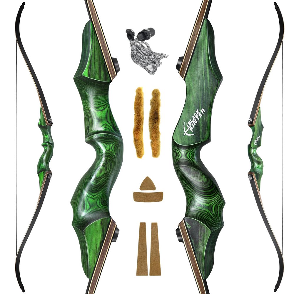 HANDBAIGE 60'' Green Hunting Recurve Bow Kit for Adults Left Handed Takedown Wooden Bow Set with Laminated Limbs for Shooting (40LBS)