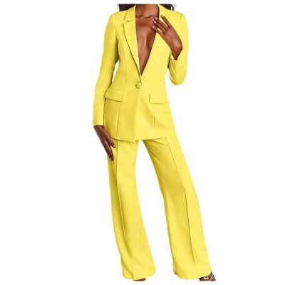KAJXZ 2 Piece Outfits for Women,Women's Sexy Deep V Neck Business Casual Office Suits Wide Leg Pants Suits Jacket Yellow