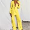 KAJXZ 2 Piece Outfits for Women,Women's Sexy Deep V Neck Business Casual Office Suits Wide Leg Pants Suits Jacket Yellow view 3