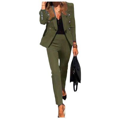 Women's Business Casual Blazer Pant Suit Set for Work, Elegant Long Sleeve Solid Color Suit Jacket & Pants Work Sets Army Green