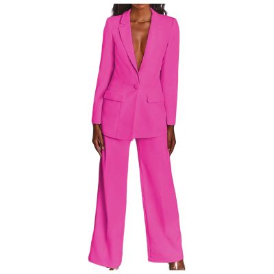 KAJXZ 2 Piece Outfits for Women,Women's Sexy Deep V Neck Business Casual Office Suits Wide Leg Pants Suits Jacket Hot Pink