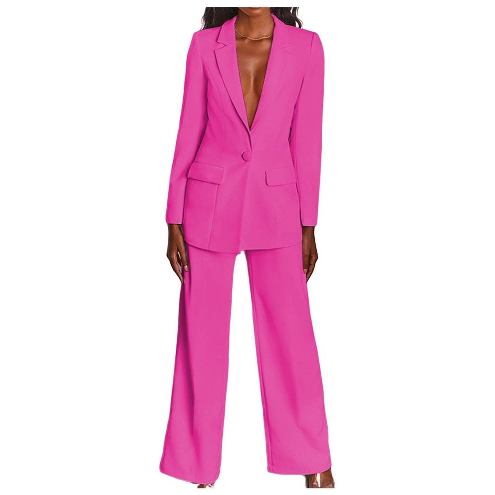 KAJXZ 2 Piece Outfits for Women,Women's Sexy Deep V Neck Business Casual Office Suits Wide Leg Pants Suits Jacket Hot Pink