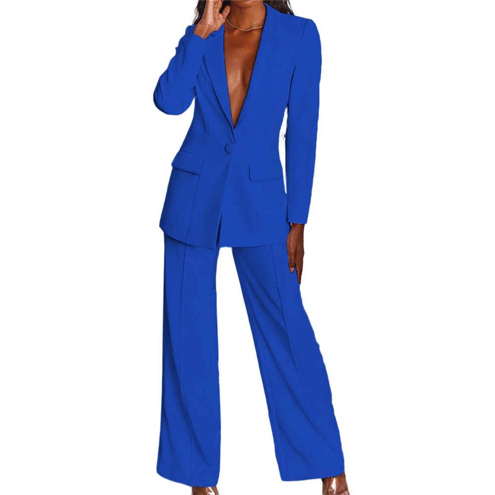 KAJXZ 2 Piece Outfits for Women,Women's Sexy Deep V Neck Business Casual Office Suits Wide Leg Pants Suits Jacket Blue