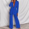 KAJXZ 2 Piece Outfits for Women,Women's Sexy Deep V Neck Business Casual Office Suits Wide Leg Pants Suits Jacket Blue view 2