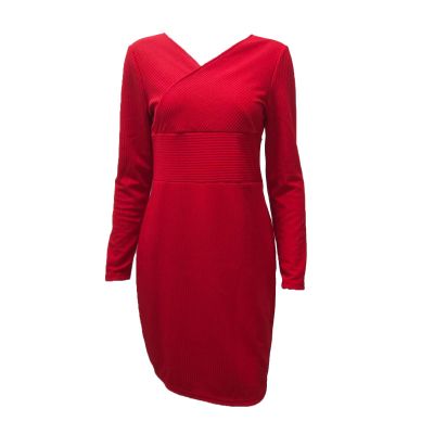 NineFit Basics Women's Elegant Deep V Neck Dress Long Sleeve Ribbed Short Skater Dress Wrap Midi Knit Bodycon Sweater Mini Dresses (Large,Red)